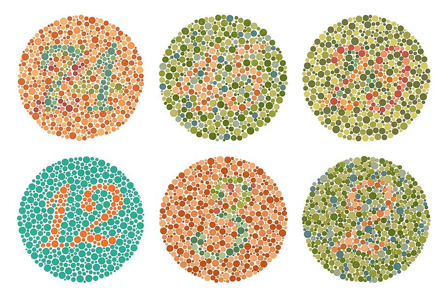 Die Ishihara Farbtafel, die aus sechs bunten Kreisen besteht, in denen Zahlen in anderen Farben zu sehen sind, dient im Sehtest zur Farberkennung